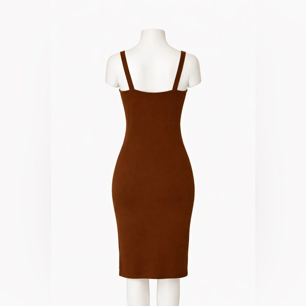 Fashion Nova Brown Button-Front Bodycon Dress | Gold Buttons | Size L - Picture 2 of 3
